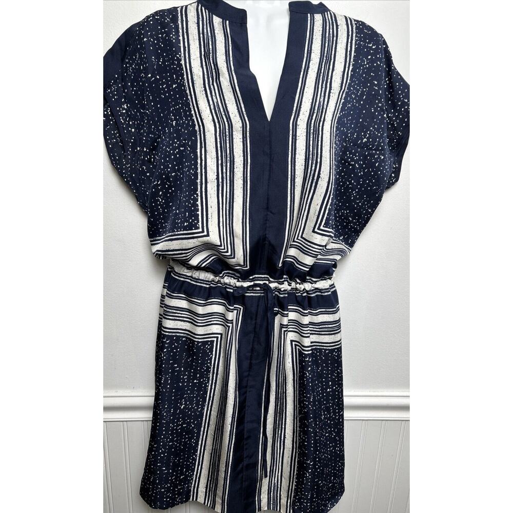 VINCE. Dress Small Blue White Geo Drawstring Waist 100% Silk Women’s Mini